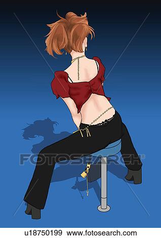 Stock Illustration - A young woman sitting on a stool, Portrait, Portrait, Illustration, High Angle View. Fotosearch