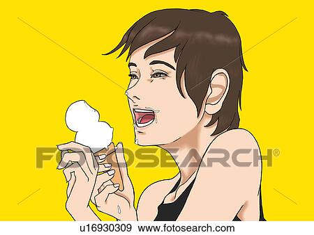 A young woman smiling and eating ice cream, Portrait, Illustration View Large Illustration Stock Illustration - A young woman smiling and eating ice cream, Portrait, Illustration. Fotosearch