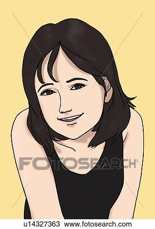 Drawing - A young woman smiling, Portrait, Illustration. Fotosearch