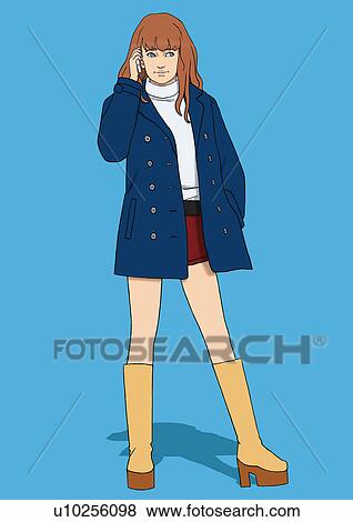 Stock Illustration - A young woman talking on a mobile phone, Portrait, Illustration. Fotosearch