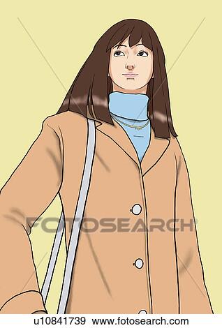 Stock Illustration - A young woman wearing a coat, Portrait, Portrait, Illustration, Low Angle View. Fotosearch
