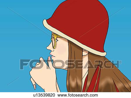 Clipart - A young woman with a cap and glasses, Portrait, Illustration. Fotosearch