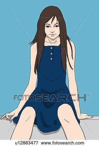 A young woman with a dress sitting, Portrait, Illustration View Large Illustration Stock Illustration - A young woman with a dress sitting, Portrait, Illustration. Fotosearch