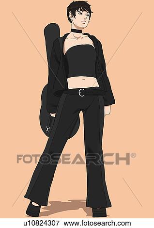 A young woman with a guitar case, Portrait, Illustration View Large Illustration Stock Illustration - A young woman with a guitar case, Portrait, Illustration. Fotosearch