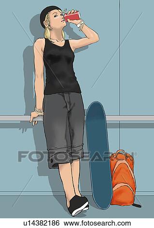 A young woman with a skateboard, Portrait, Illustration View Large Illustration Stock Illustration - A young woman with a skateboard, Portrait, Illustration. Fotosearch