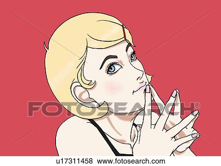 Stock Illustration - A young woman with blond hair posing, Portrait, Illustration. Fotosearch