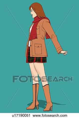 Clip Art - A young woman with coat and muffler, Portrait, Illustration. Fotosearch