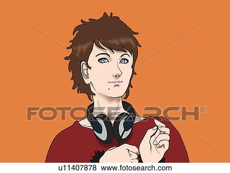 A young woman with headphones, Portrait, Illustration View Large Illustration Stock Illustration - A young woman with headphones, Portrait, Illustration. Fotosearch