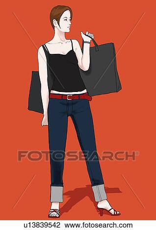 A young woman with shopping bags, Portrait, Illustration View Large Illustration Drawing - A young woman with shopping bags, Portrait, Illustration. Fotosearch