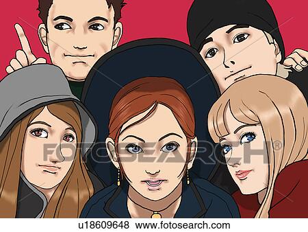 Stock Illustration - Five young men and women, Portrait, Illustration. Fotosearch