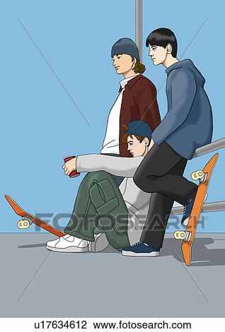 Drawing - Three young skateboarders, Portrait, Illustration. Fotosearch