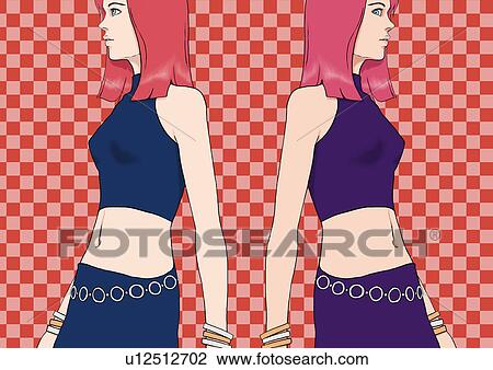 Drawing - Two dressed young women, Portrait, Portrait, Illustration, Side View. Fotosearch