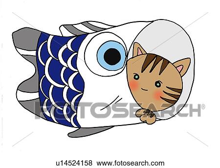 Stock Illustration - A cat in a koinobori, Illustration, Cartoon, Portrait. Fotosearch