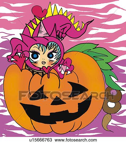 Drawing - A disguised girl on a pumpkin, Illustration, Cartoon, Portrait. Fotosearch
