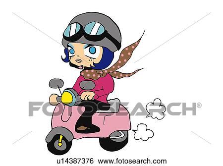 A dressed up girl on a scooter, Illustration, Cartoon, Portrait View Large Illustration Stock Illustration - A dressed up girl on a scooter, Illustration, Cartoon, Portrait. Fotosearch