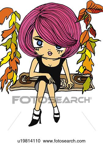 Clipart - A dressed up girl on a swing, Illustration, Cartoon, Portrait. Fotosearch