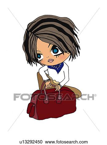 Clipart - A dressed up girl with a bag, Illustration, Cartoon, Portrait. Fotosearch
