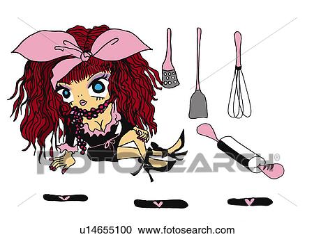 Clipart - A dressed up girl with cooking tools, Illustration, Cartoon, Portrait. Fotosearch