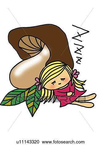 Clipart - A girl and a mushroom, Illustration, Cartoon, Portrait. Fotosearch
