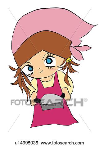Stock Illustration - A girl cooking, Illustration, Cartoon, Portrait. Fotosearch