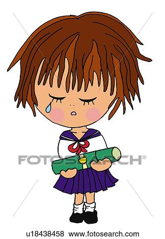 Stock Illustration - A girl crying at the graduation ceremony, Illustration, Cartoon, Portrait. Fotosearch