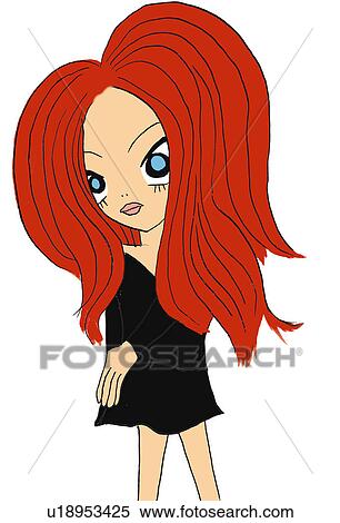 Stock Illustration - A girl dressed in black, Illustration, Cartoon, Portrait. Fotosearch