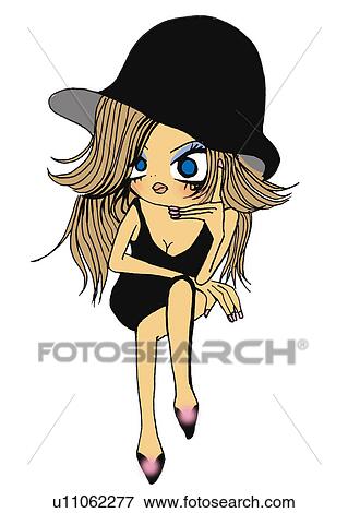 Stock Illustration - A girl dressed in black posing, Illustration, Cartoon, Portrait. Fotosearch