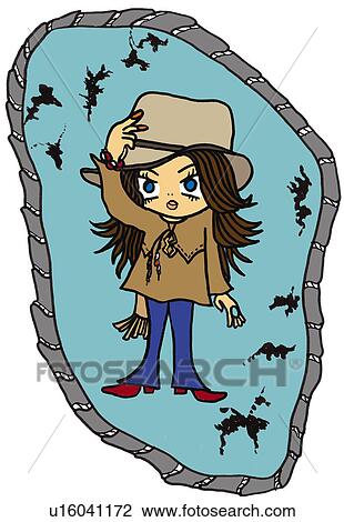 Drawing - A girl dressed in cowboy style, Illustration, Cartoon, Portrait. Fotosearch