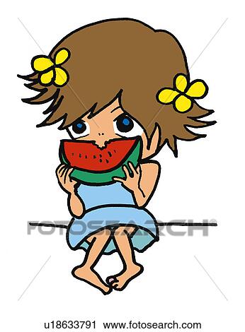 Clip Art - A girl eating watermelon, Illustration, Cartoon, Portrait. Fotosearch
