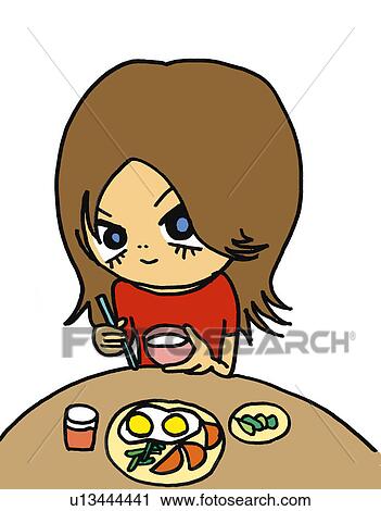 Clip Art - A girl having breakfast, Illustration, Cartoon, Portrait. Fotosearch