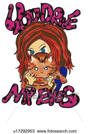 Drawing - A girl holdinga cat, Illustration, Cartoon, Portrait. Fotosearch