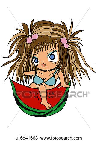 Drawing - A girl in bikini with watermelon, Illustration, Cartoon, Portrait. Fotosearch