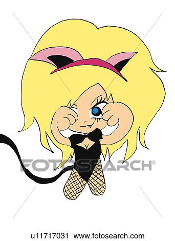 Clip Art - A girl in black costume posing, Illustration, Cartoon, Portrait. Fotosearch