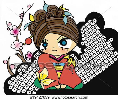 Stock Illustration - A girl in kimono, Illustration, Cartoon, Portrait. Fotosearch