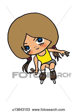 Drawing - A girl inline skating, Illustration, Cartoon, Portrait. Fotosearch