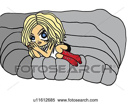 Stock Illustration - A girl lying down on a sofa, Illustration, Cartoon, Portrait. Fotosearch