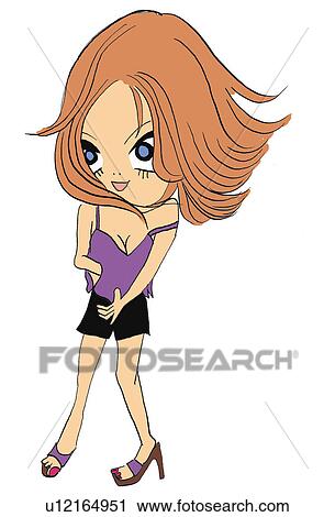 Clip Art - A girl posing, Illustration, Cartoon, Portrait. Fotosearch