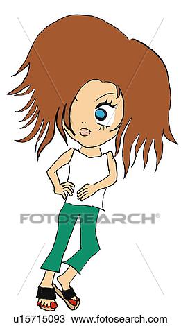 Drawing - A girl posing, Illustration, Cartoon, Portrait. Fotosearch