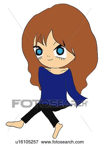 Stock Illustration - A girl sitting and smiling, Illustration, Cartoon, Portrait. Fotosearch