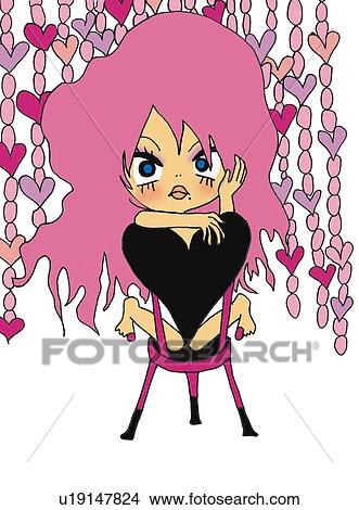 Stock Illustration - A girl sitting backwards on a chair, Illustration, Cartoon, Portrait. Fotosearch