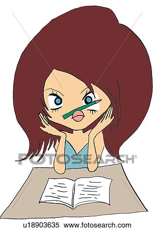 A girl studying, Illustration, Cartoon, Portrait View Large Illustration Stock Illustration - A girl studying, Illustration, Cartoon, Portrait. Fotosearch