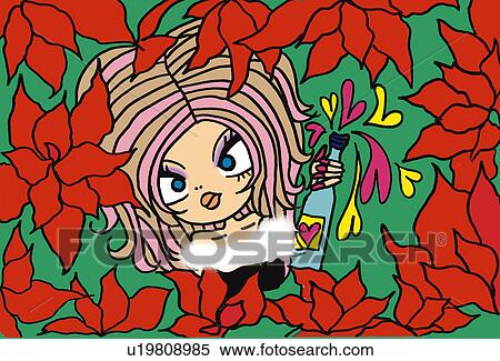 Stock Illustration - A girl surrounded by flowers, Illustration, Cartoon, Portrait. Fotosearch