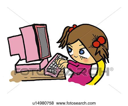Stock Illustration - A girl using a computer, Illustration, Cartoon, Portrait. Fotosearch
