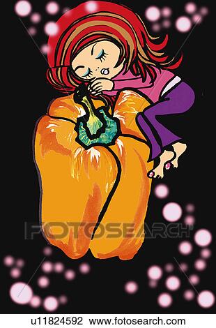 Drawing - A girl with a bell pepper, Illustration, Cartoon, Portrait. Fotosearch