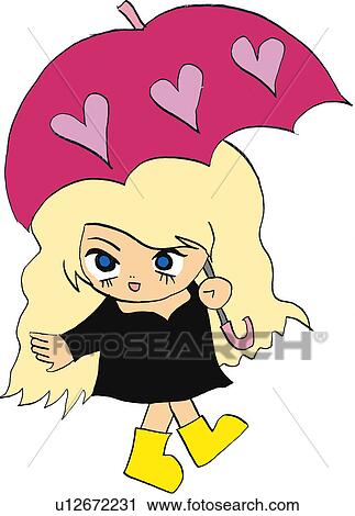 Clip Art - A girl with an umbrella, Illustration, Cartoon, Portrait. Fotosearch
