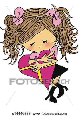 A girl with big heart shape present, Illustration, Cartoon, Portrait View Large Illustration Stock Illustration - A girl with big heart shape present, Illustration, Cartoon, Portrait. Fotosearch