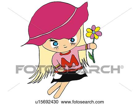A girl with flower, Illustration, Cartoon, Portrait View Large Illustration Clipart - A girl with flower, Illustration, Cartoon, Portrait. Fotosearch