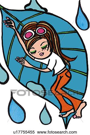 Stock Illustration - A woman sleeping on a leaf, Illustration, Cartoon, Portrait. Fotosearch