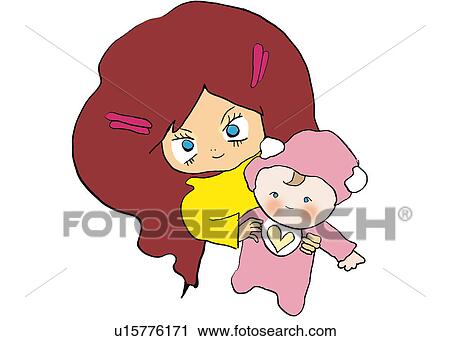 Clip Art - A woman with a baby, Illustration, Cartoon, Portrait. Fotosearch