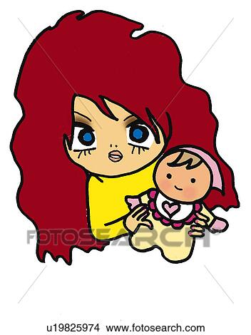 A woman with a baby, Illustration, Cartoon, Portrait View Large Illustration Stock Illustration - A woman with a baby, Illustration, Cartoon, Portrait. Fotosearch